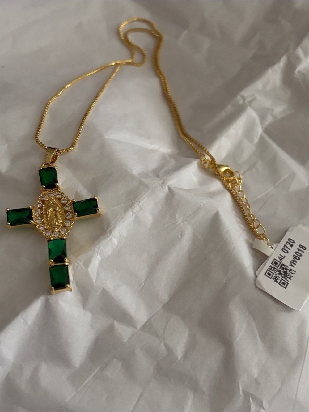 Gold-Tone Cross Pendant Necklace with Emerald Green Stones